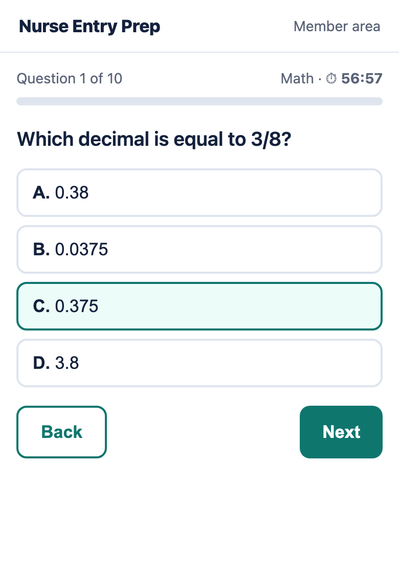 Timed TEAS 7 practice exam question on a phone